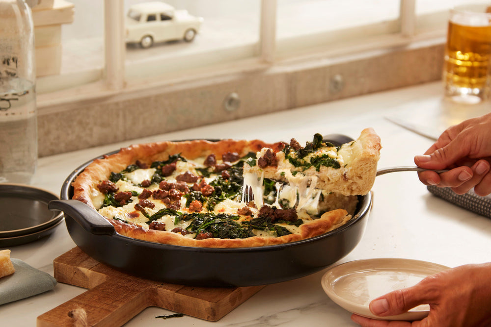 Deep Dish White Pizza with Sausage and Spinach – Emile Henry USA