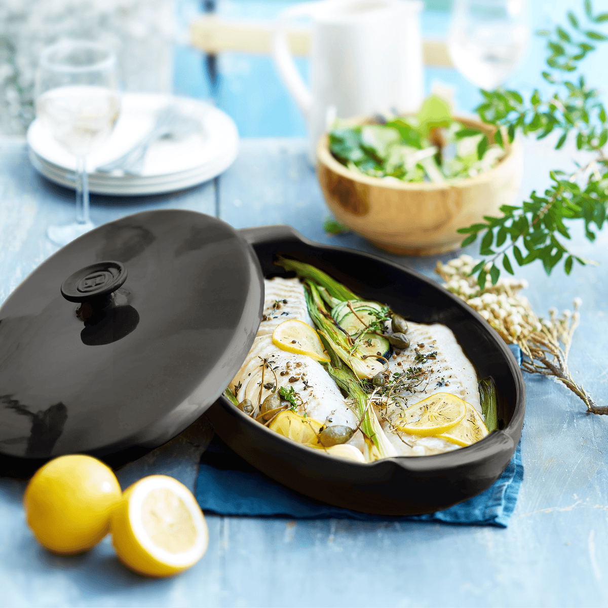 Oval Covered Baker / Fish Steamer Ovenware Emile Henry USA Charcoal