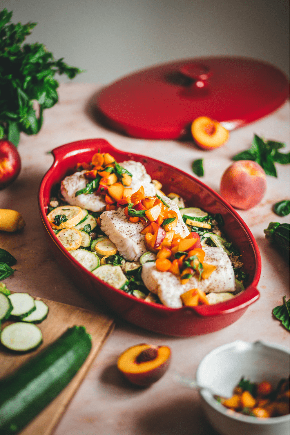 Summer Cod Fish Emile Henry Cod with Summer Squash and Peach Salsa Recipe by Marissa ...