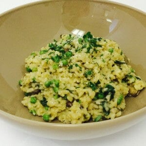 Risotto With Ramps,  Peas,  Mushrooms,  and Spinach